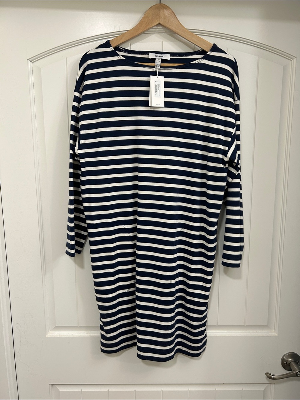 SPANX Navy and White Striped Midi Dress